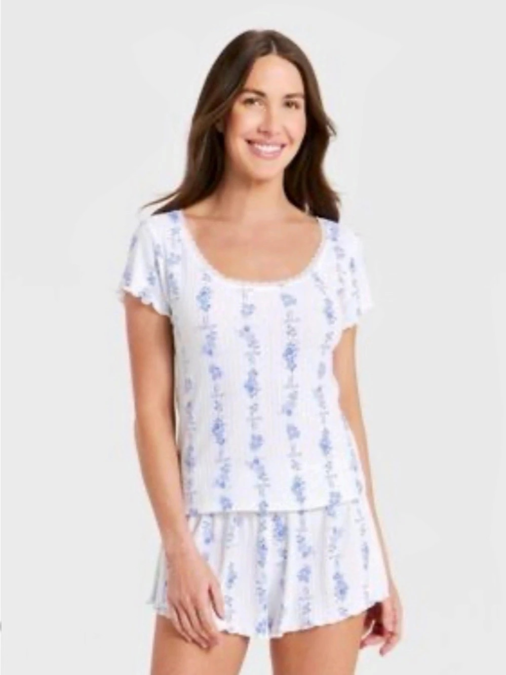 Auden Pajama Set Floral in White & Blue Size Medium NWT